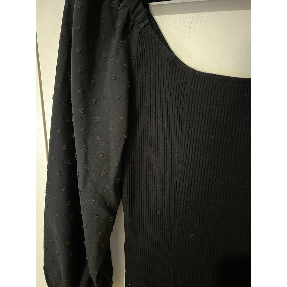 Angashion Women's Medium Black Top Ribbed With Long‎ Chiffon Sleeves Dot - Picture 3 of 6